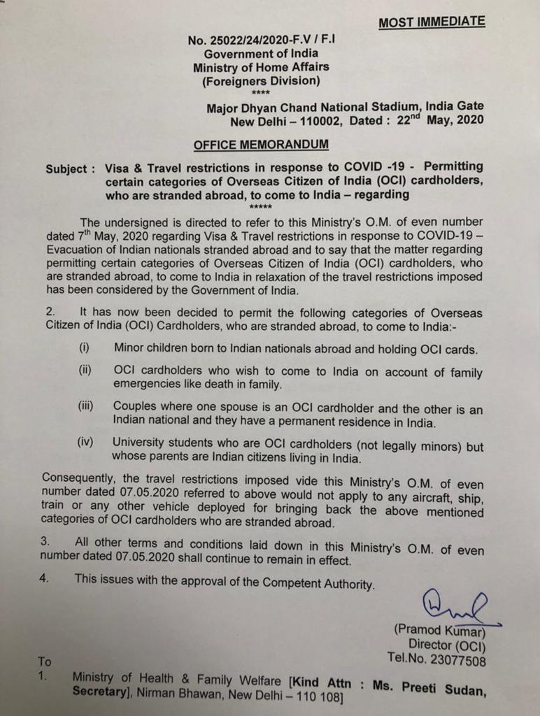 Visa and Travel restrictions in response to COVID-19 - Permitting certain categories of OCI cardholders who are stranded abroad to come to India